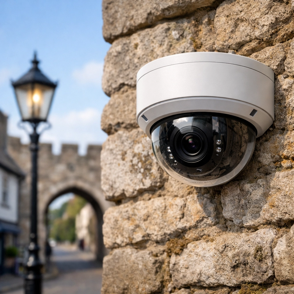 Bespoke CCTV camera installation on a traditional stone building in Chepstow for unparalleled property protection.
