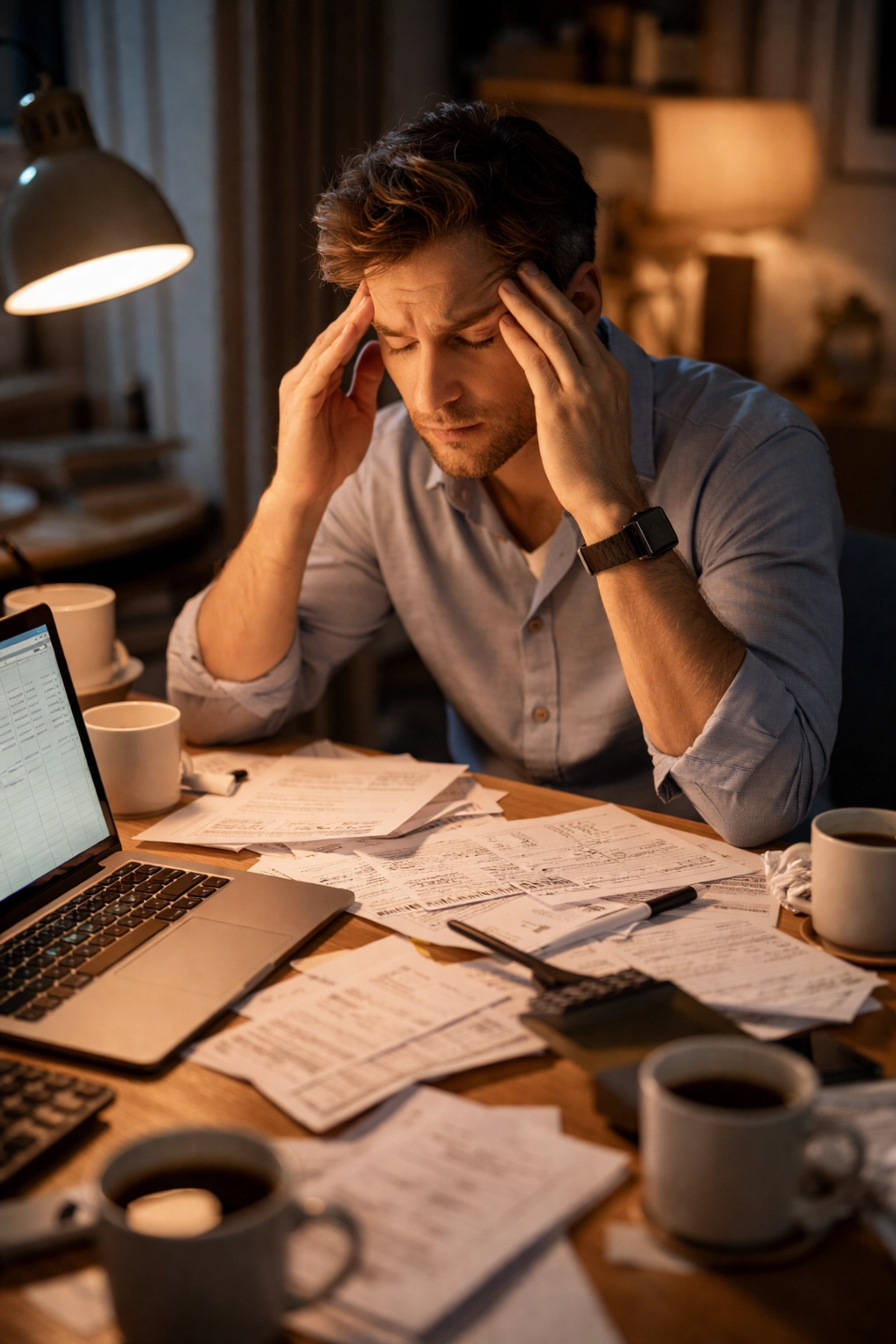 Overwhelmed entrepreneur at cluttered desk late at night, showing business owner stress from handling bookkeeping alone