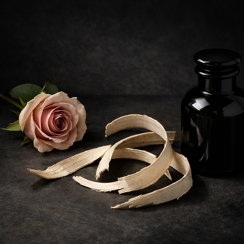 Rose and white willow bark ingredients for natural facial toner in a minimalist apothecary setting.