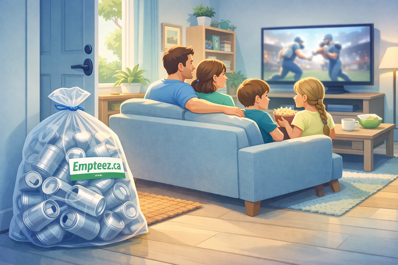 Family with a clear bag of empty aluminum cans by the door with an Empteez.ca tag