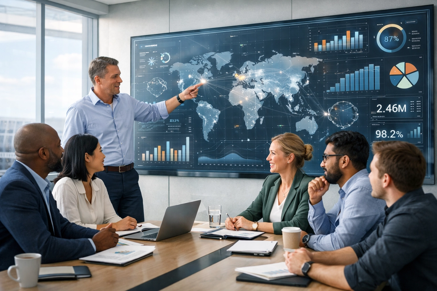 ServiceNow implementation partner team strategizing ITOM and global compliance in a modern office.