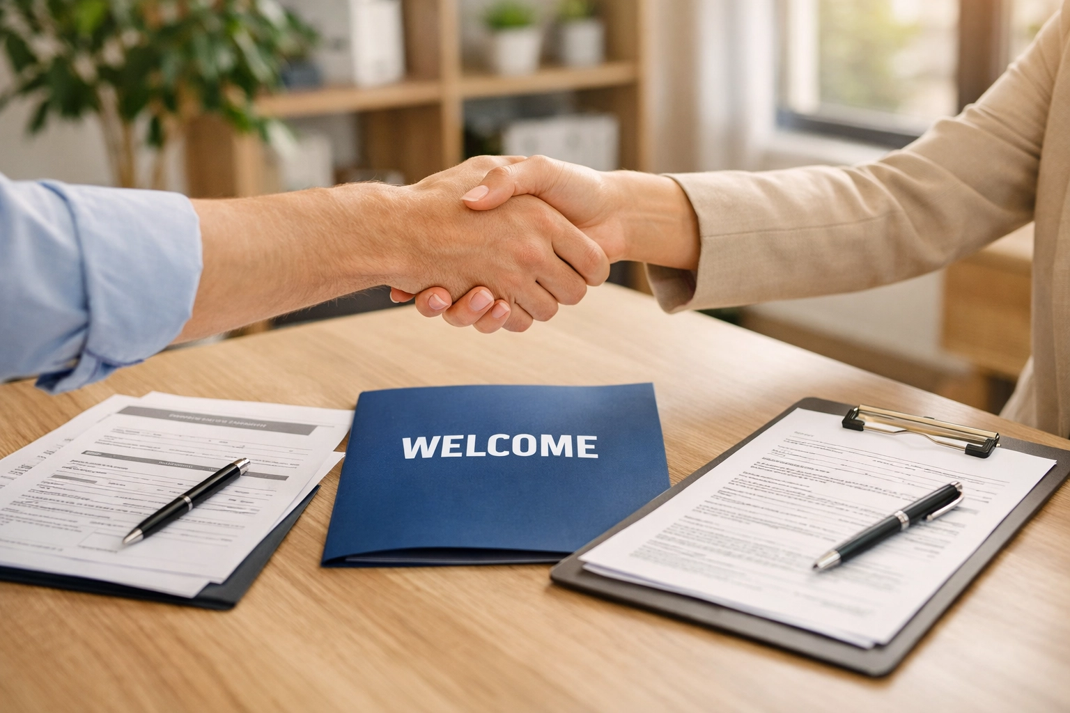 Professional handshake welcoming new employee with onboarding paperwork on desk