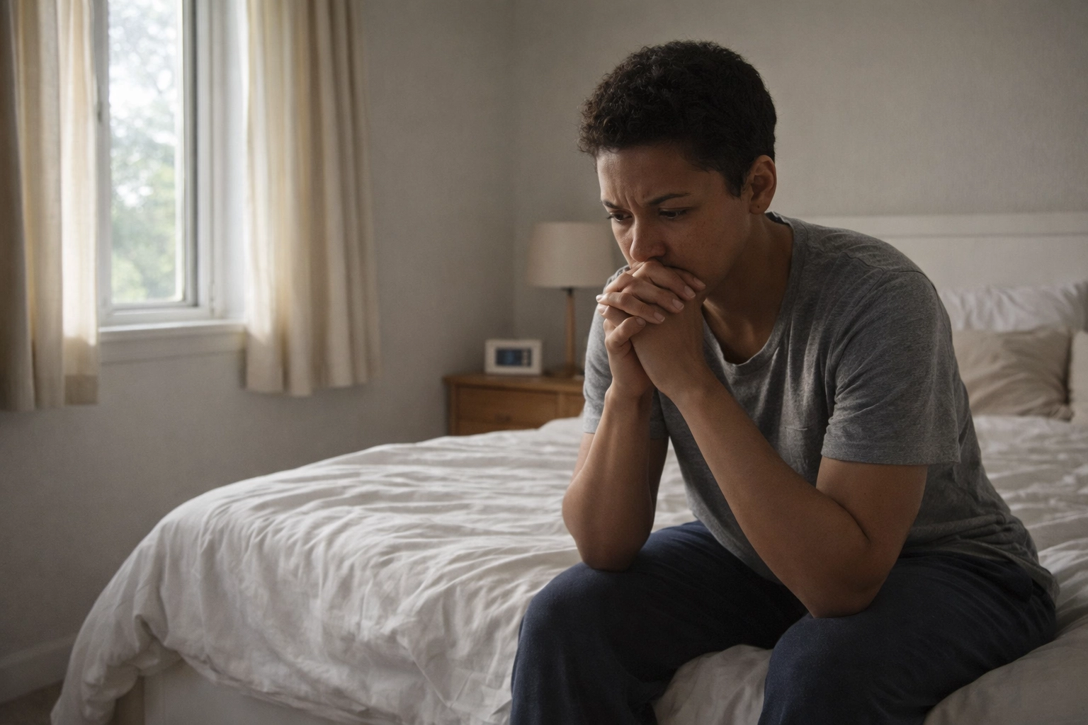 Realistic photo of a diverse person sitting on the edge of a bed in a simple bedroom, looking stressed and contemplative
