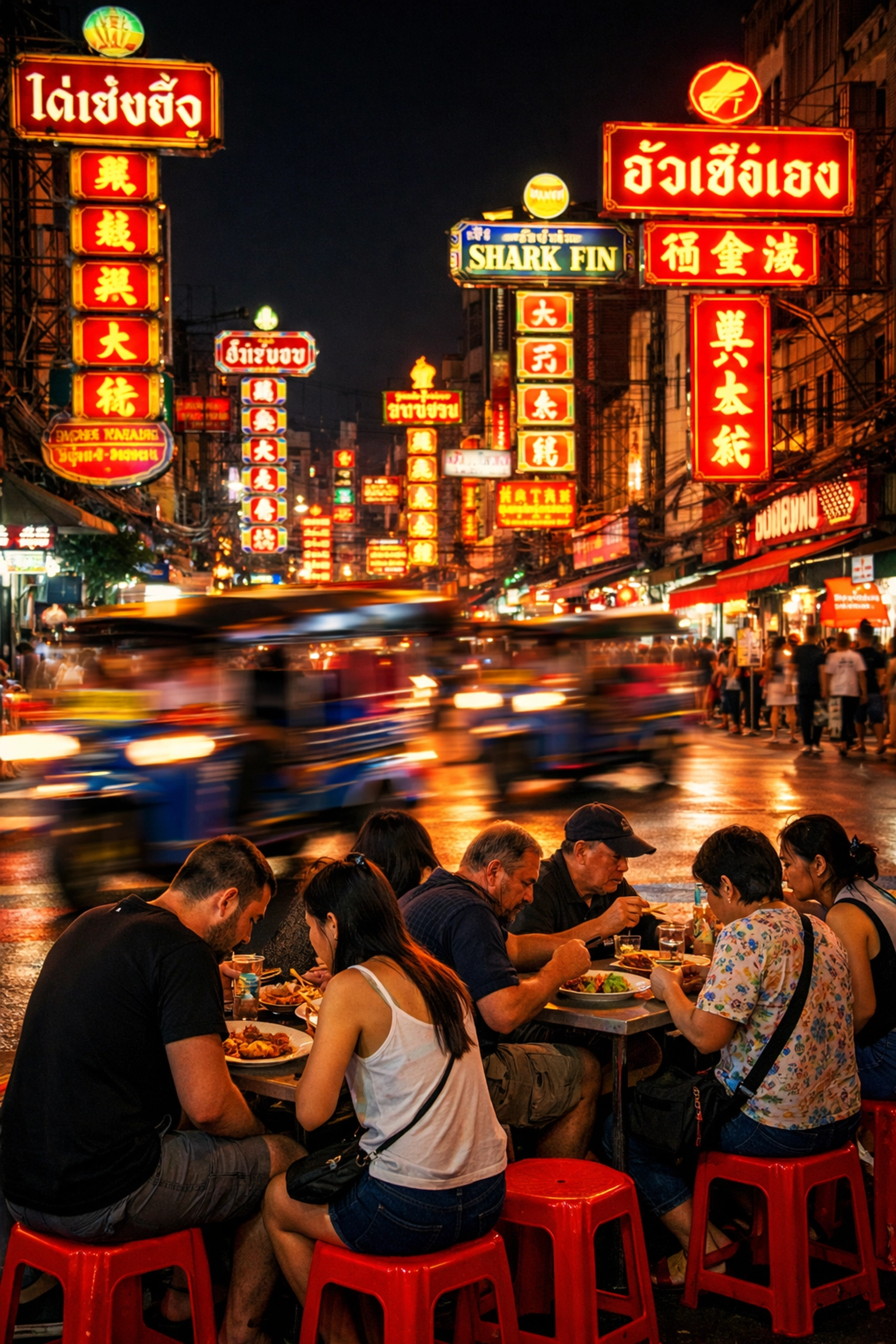 Bustling Yaowarat night market in Chinatown featuring some of the best cheap eats and street food in Bangkok.