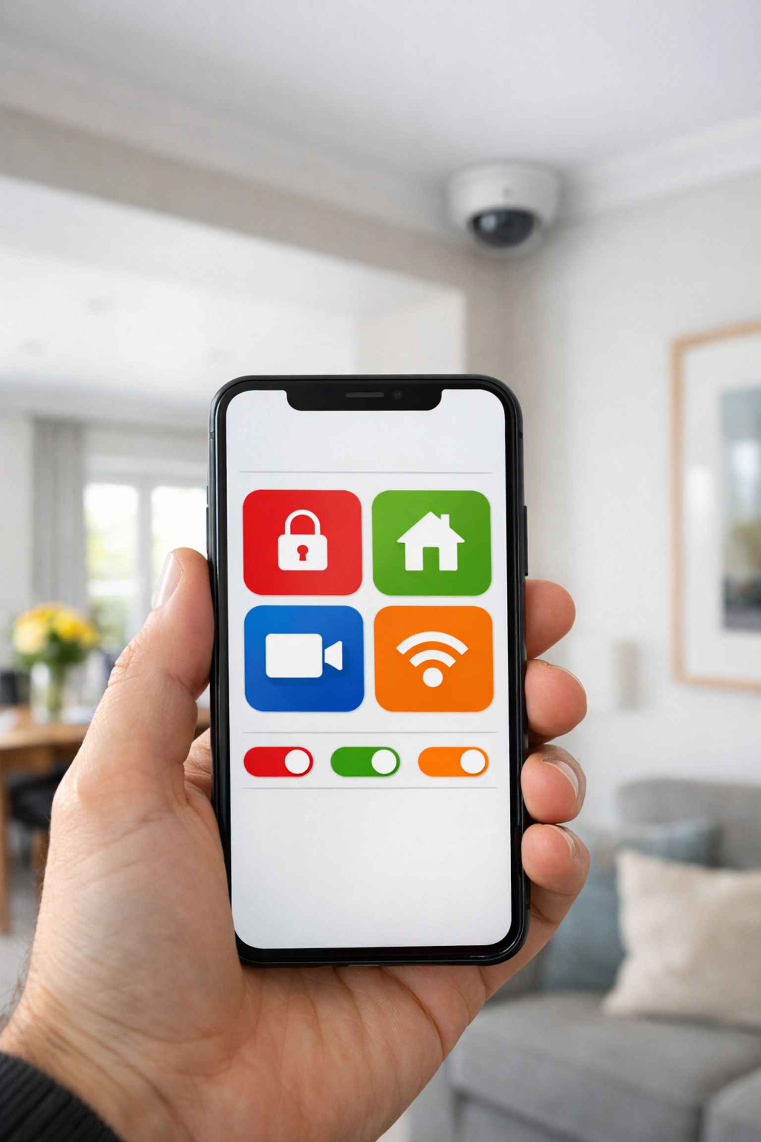 Homeowner using a smart security app to monitor NVR cameras inside a Portsmouth home.