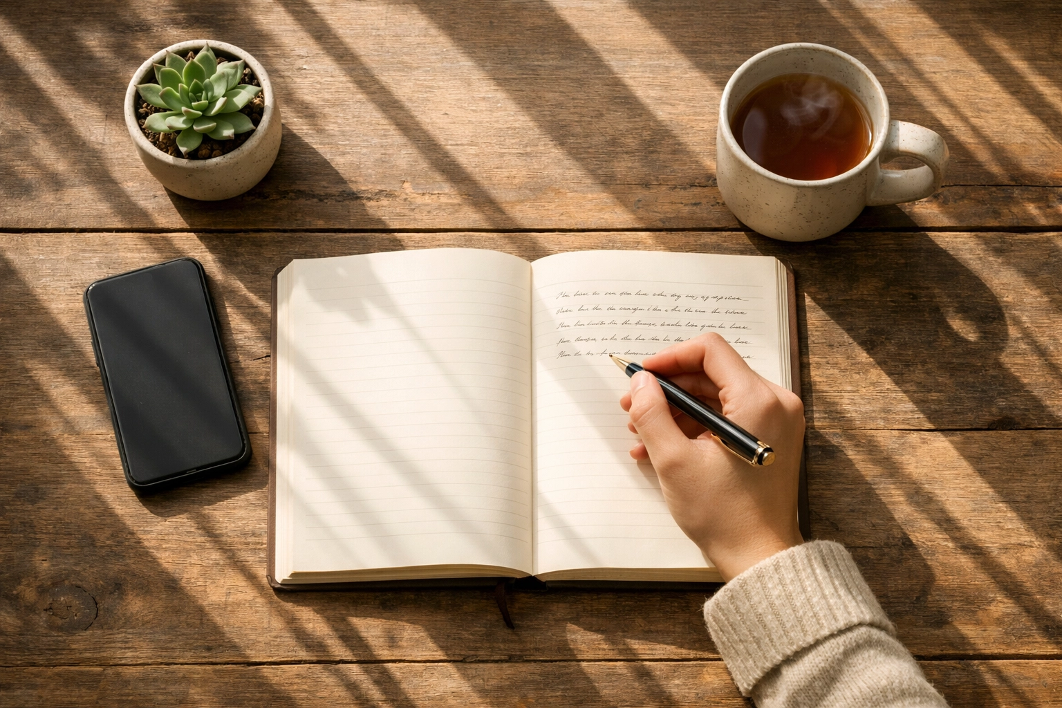 Hand writing in prayer journal with phone face-down and tea on desk