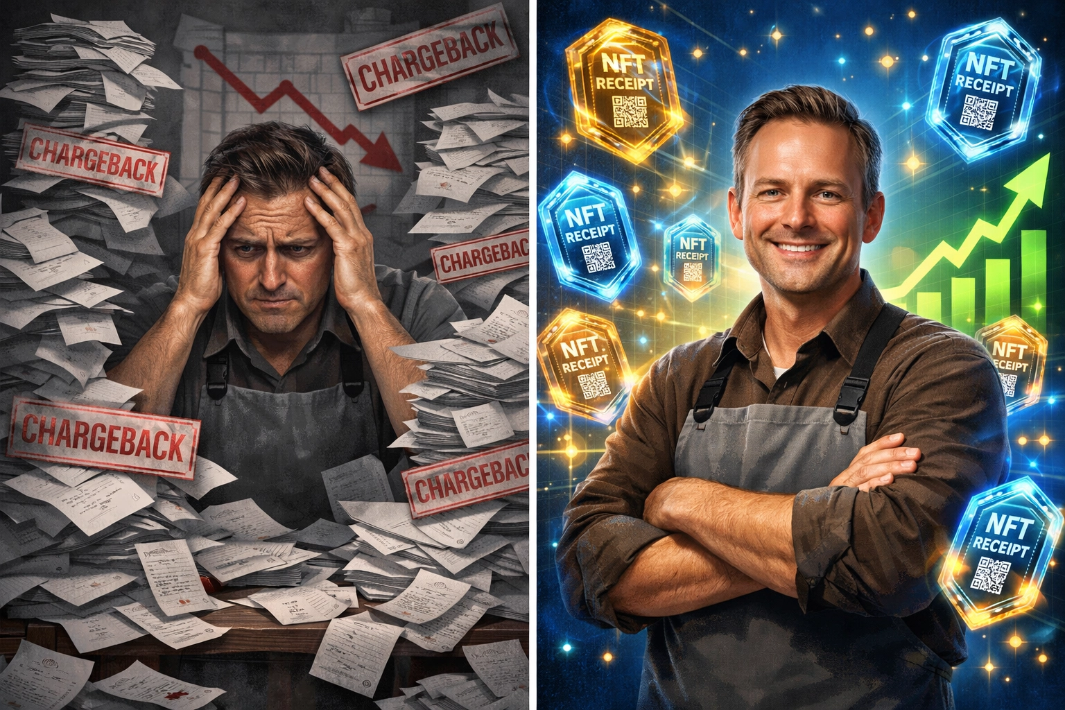 Merchant comparing traditional payment chargebacks vs NFT receipt blockchain payments