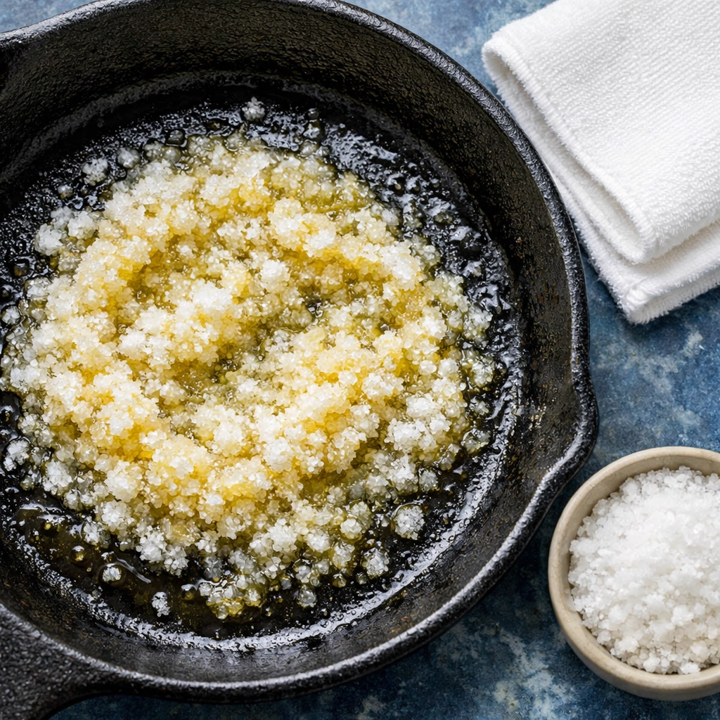 Coarse sea salt and oil being used as a natural, non-toxic scrub to clean a cast iron pan.