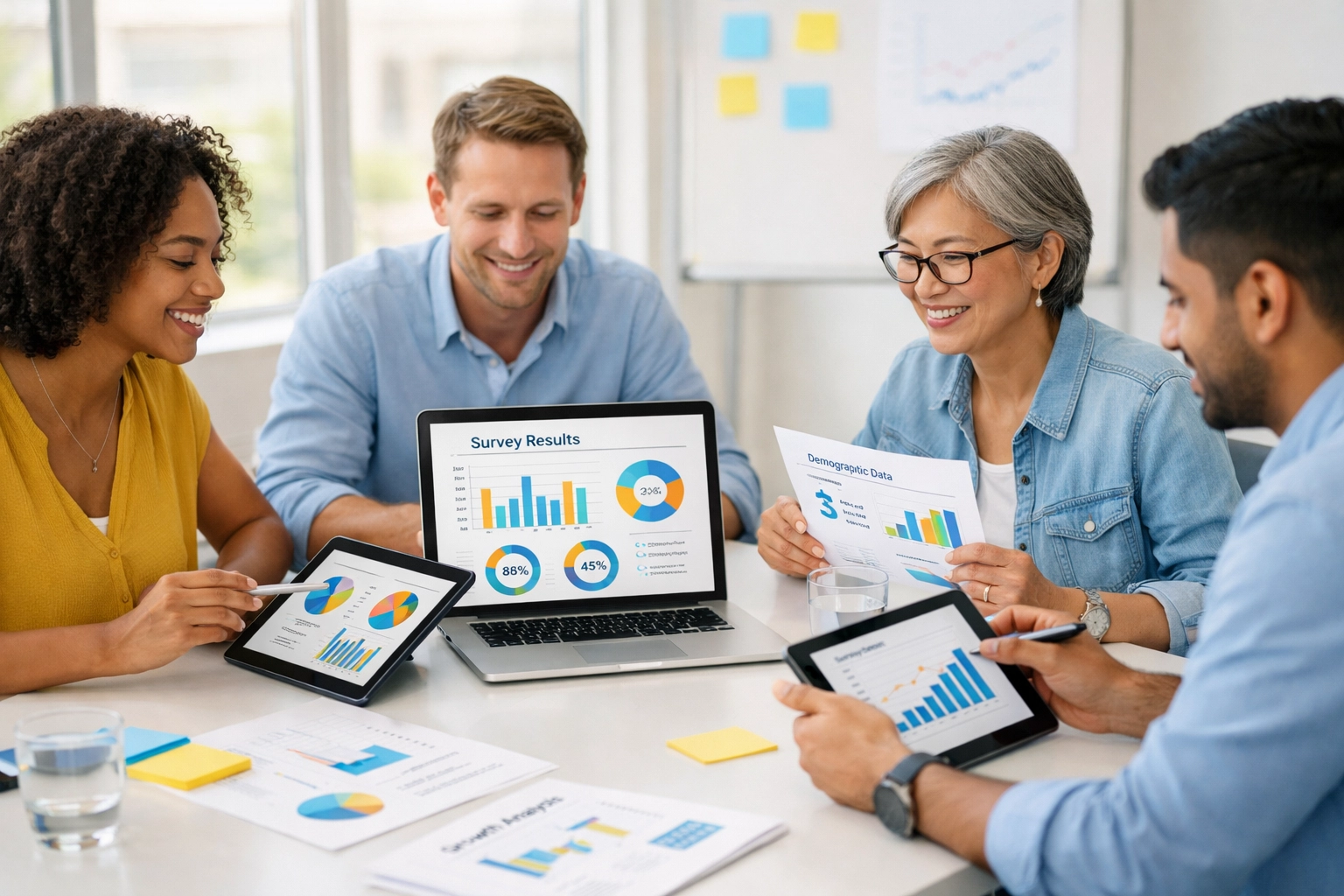 Nonprofit team analyzing planned giving survey data and donor insights at strategy meeting