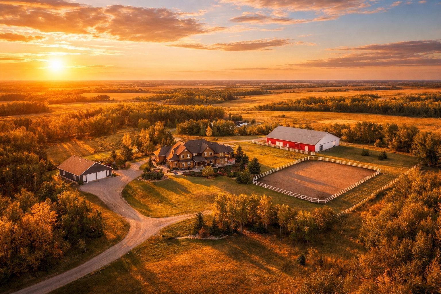 Aerial drone view of Saskatoon acreage property with barn and outbuildings at sunset