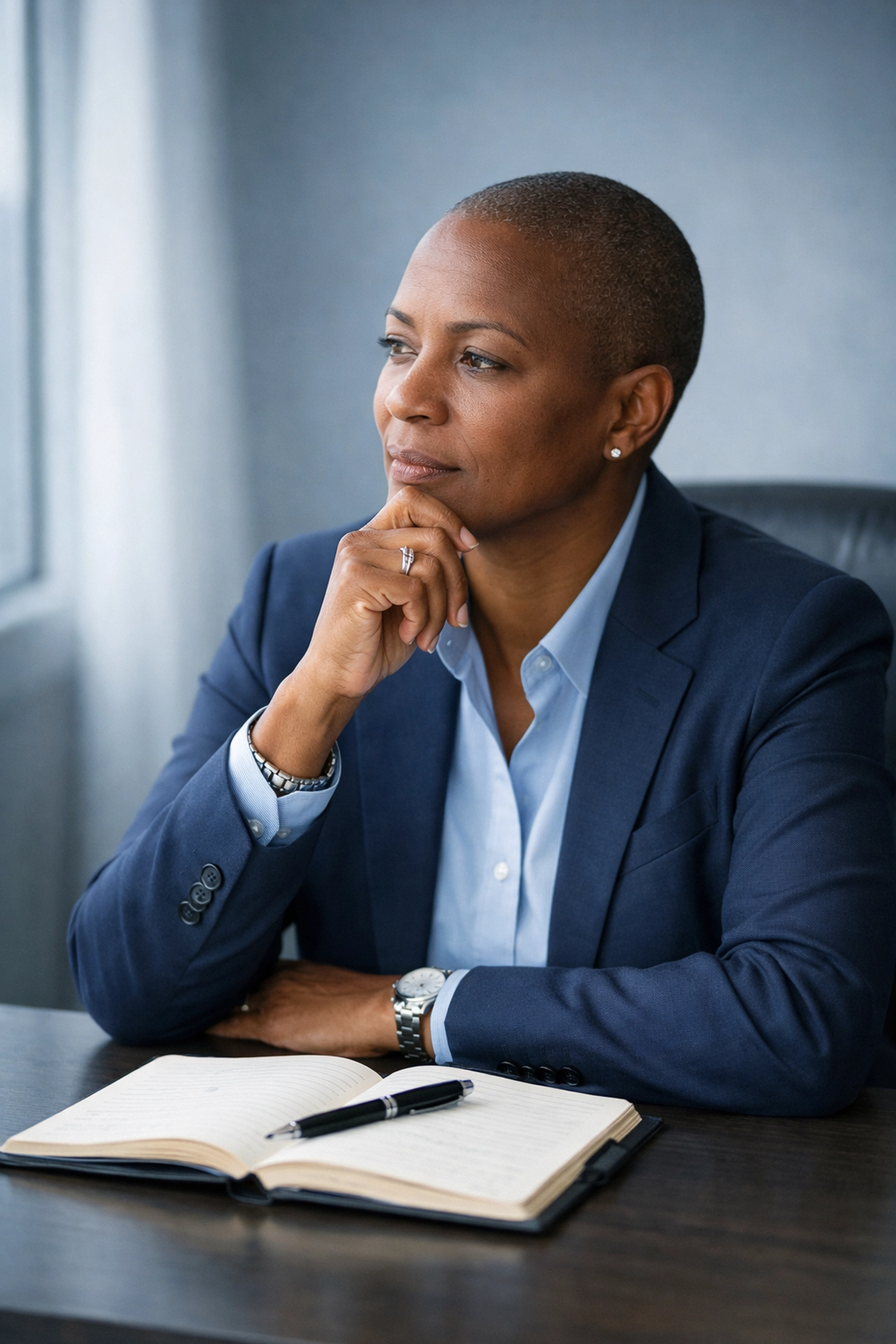 Executive leader practicing self-awareness through journaling and reflection at desk