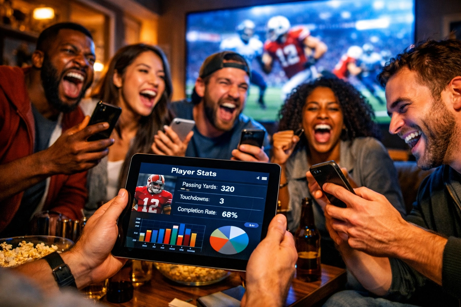 Diverse sports fans engaging with second screen mobile devices while watching the Super Bowl.