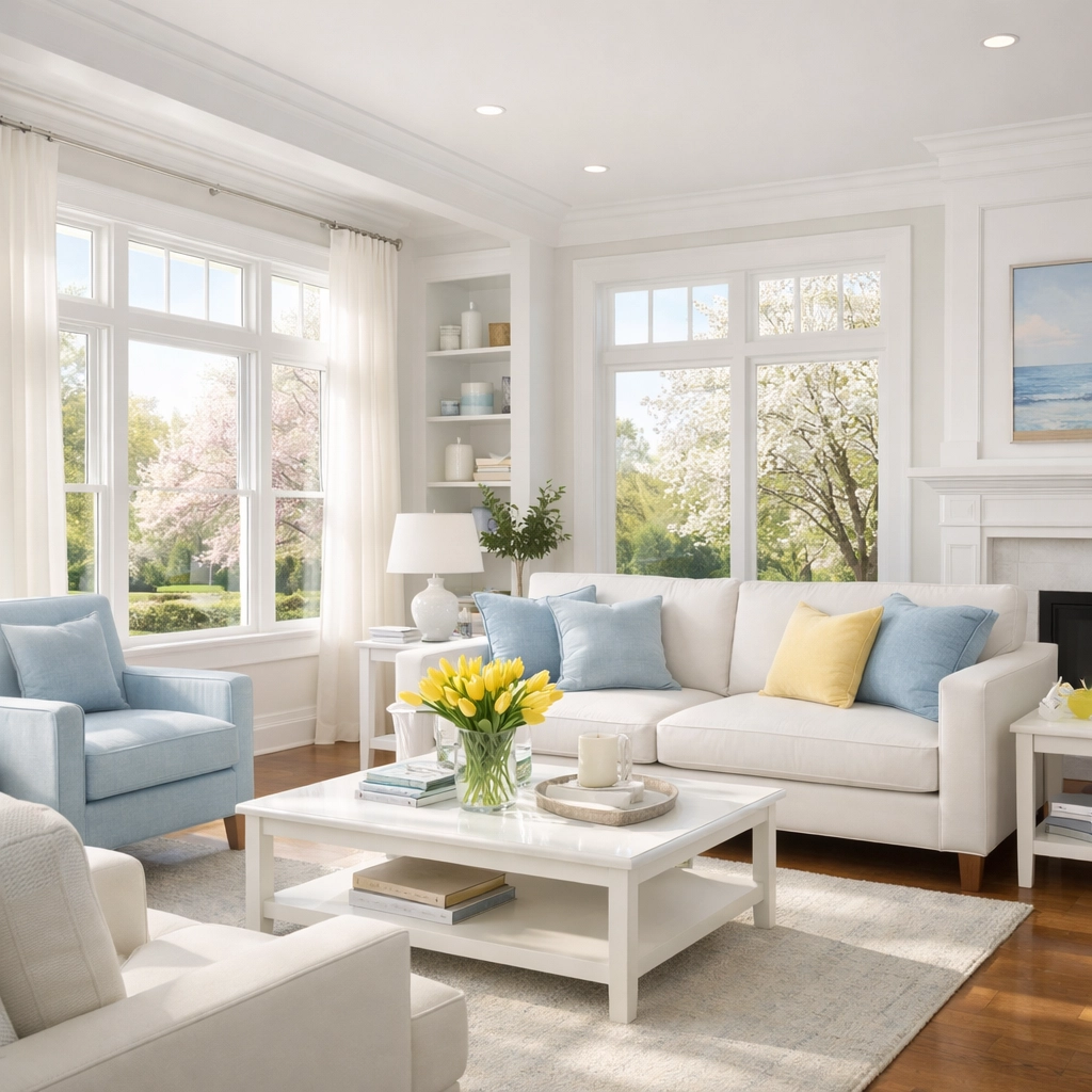 Immaculate living room after a professional deep cleaning reset with dust-free surfaces and polished floors.