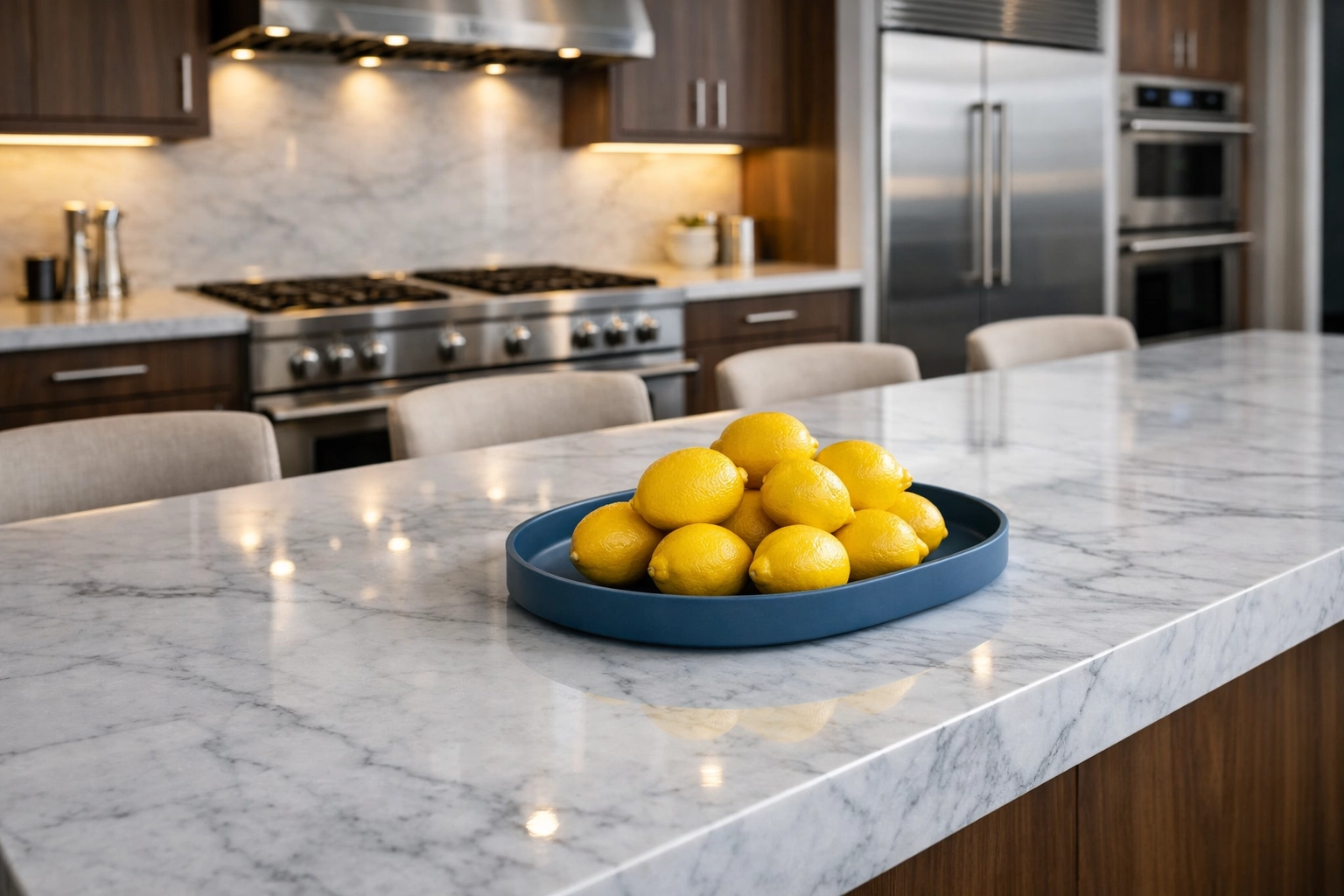 Sanitized marble kitchen island and stainless appliances in a clean Lynnfield home using a weekly cleaning plan.