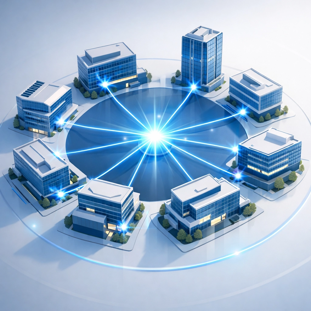 Network of connected commercial buildings representing scaled multi-location business operations