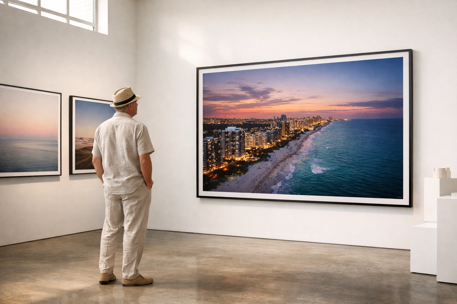 A collector viewing a large limited edition photography print in a minimalist Miami art gallery.