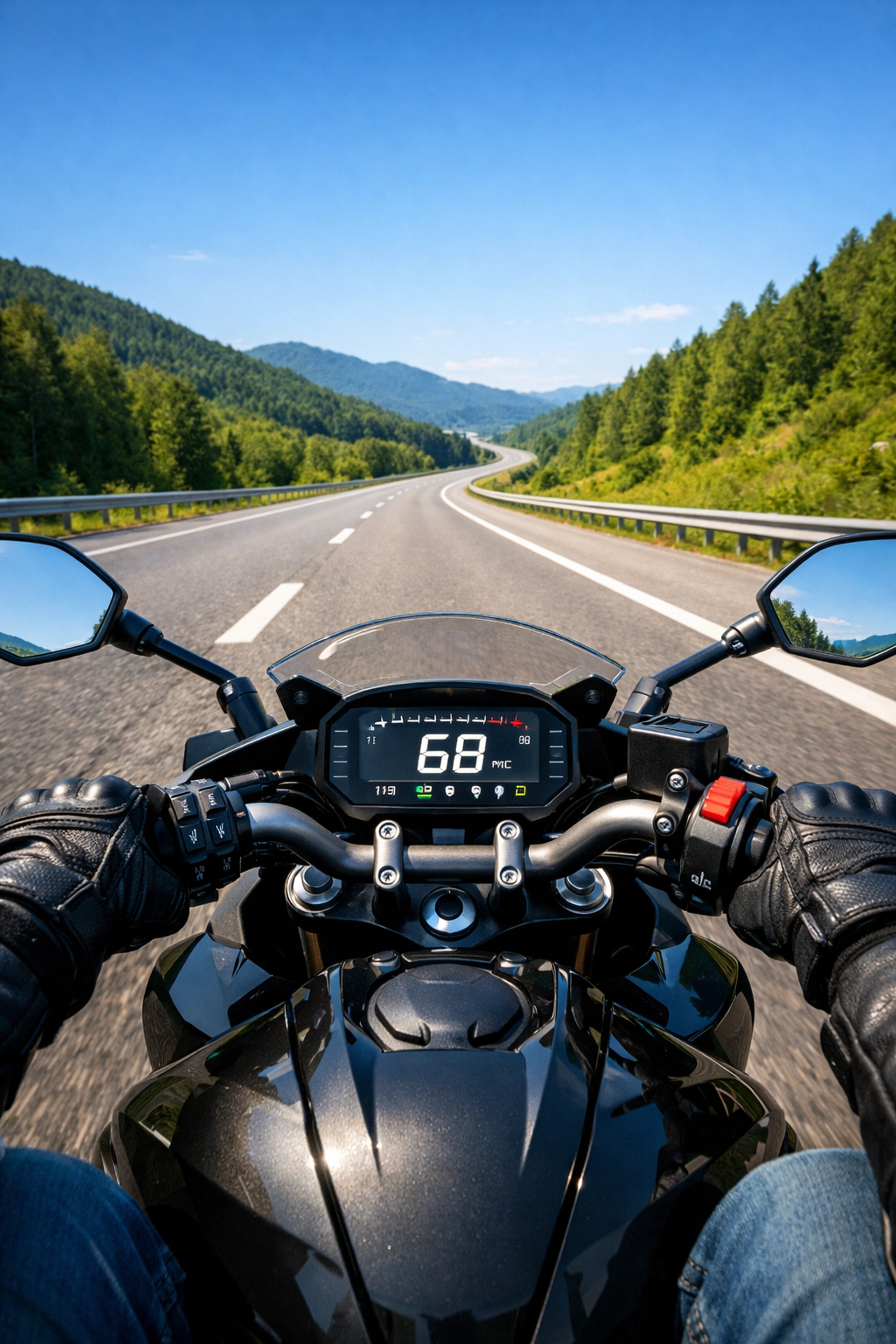 A first-person view of a motorcyclist riding safely on an open highway through a scenic valley.
