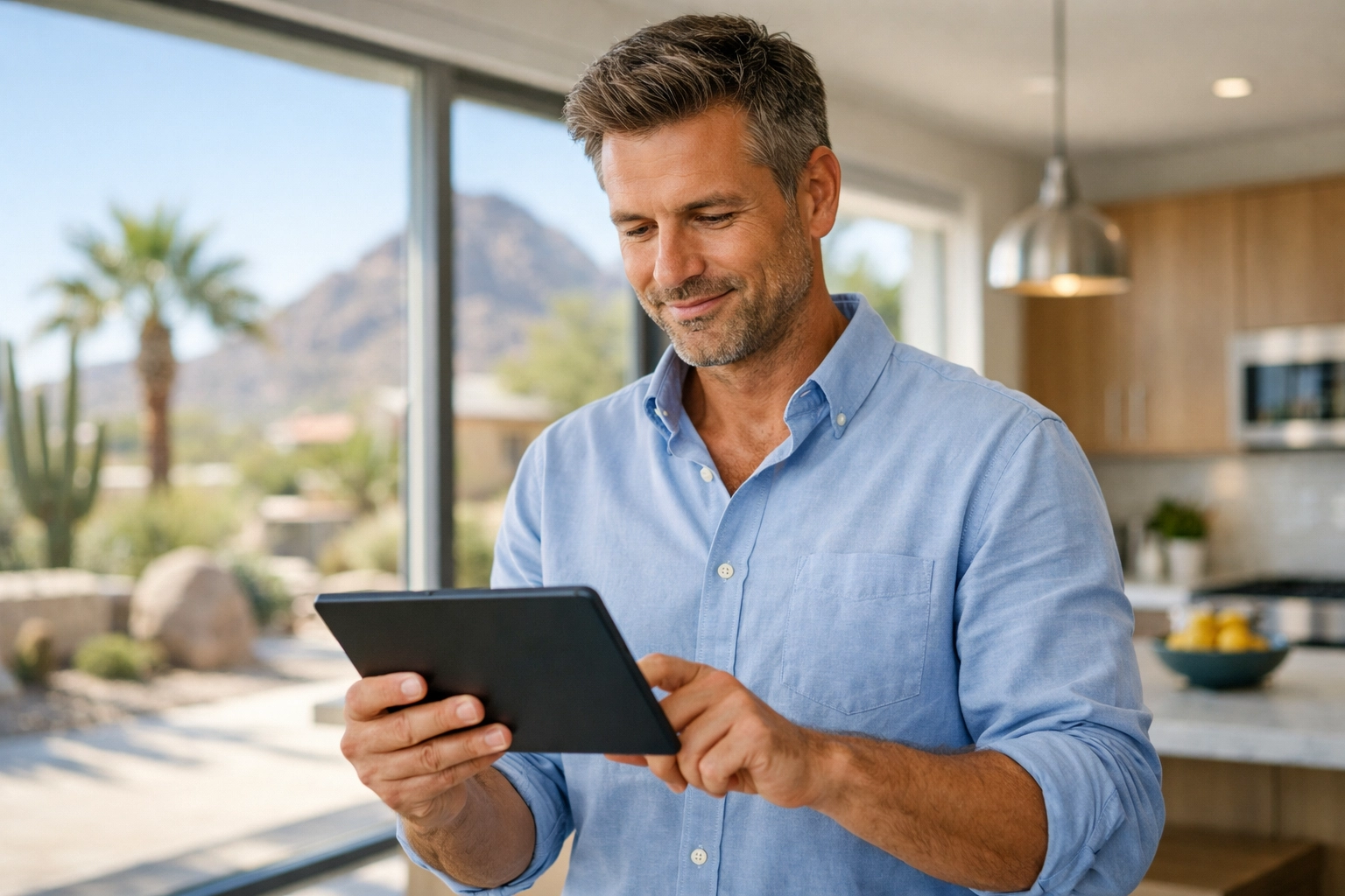 A professional man in a sunlit Arizona kitchen making a clear-headed real estate decision using Clearly Sold. A professional man in a sunlit Arizona kitchen making a clear-headed real estate decision using Clearly Sold.