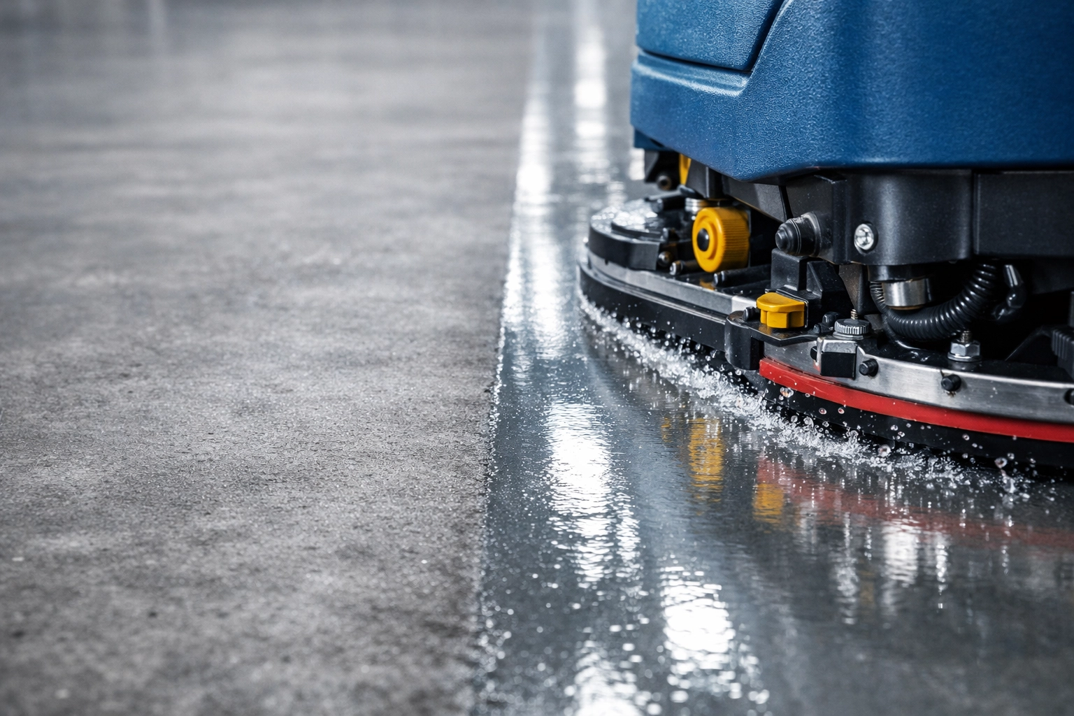 Professional warehouse cleaning showing a clear before and after path from an industrial floor scrubber.