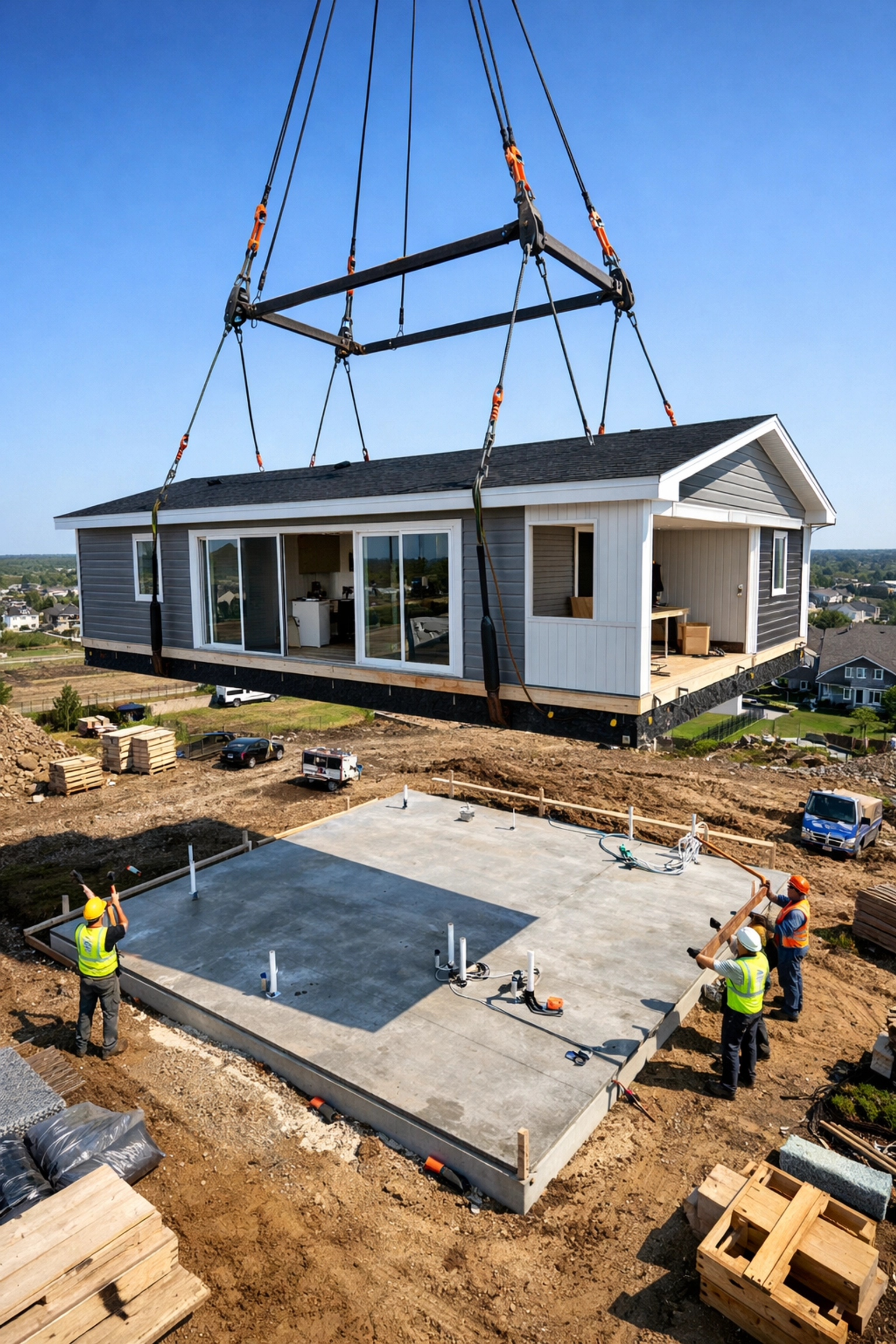 Crane installing modular home section onto prepared concrete slab foundation
