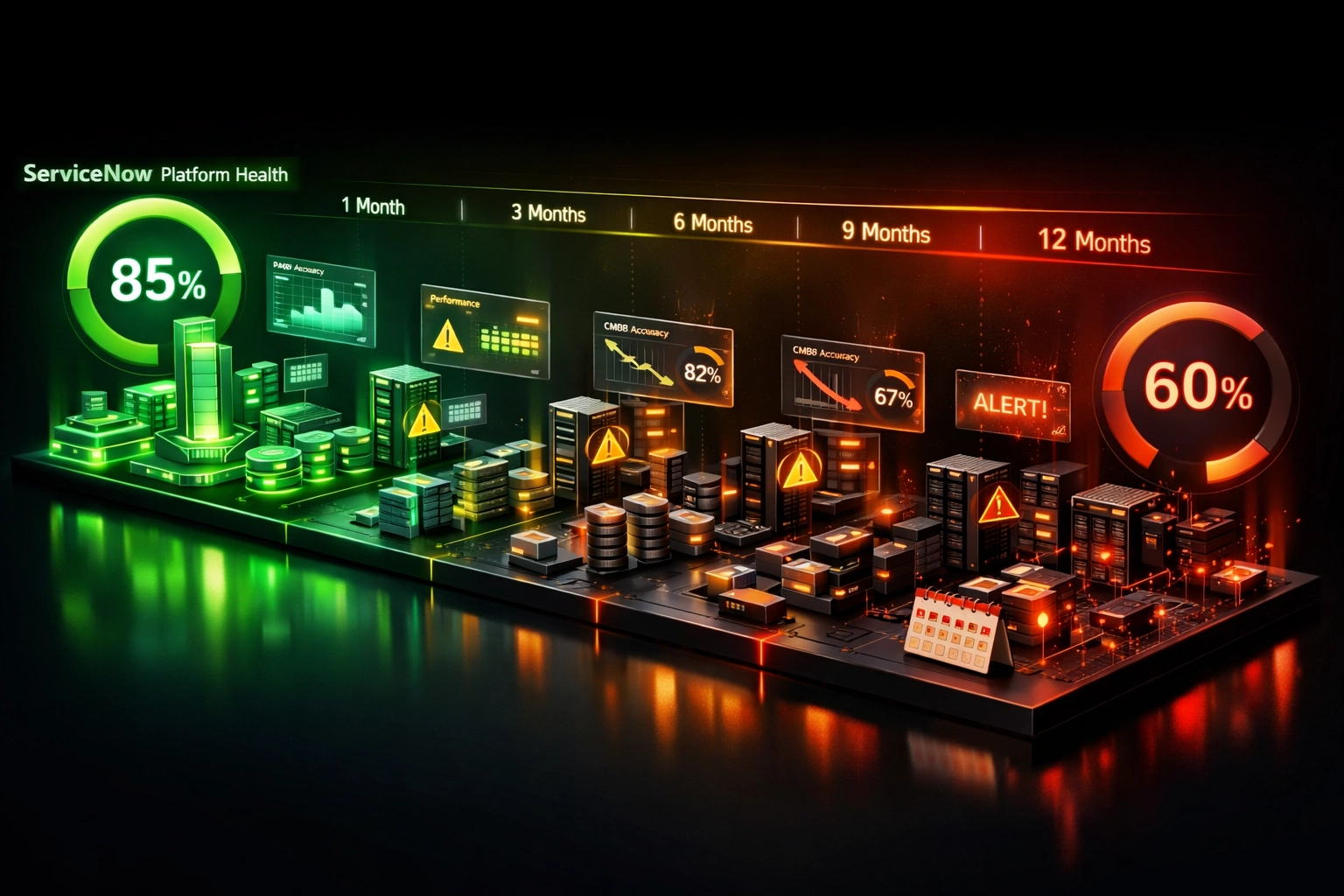 ServiceNow platform health declining from 85% to 60% without post-implementation support and optimization