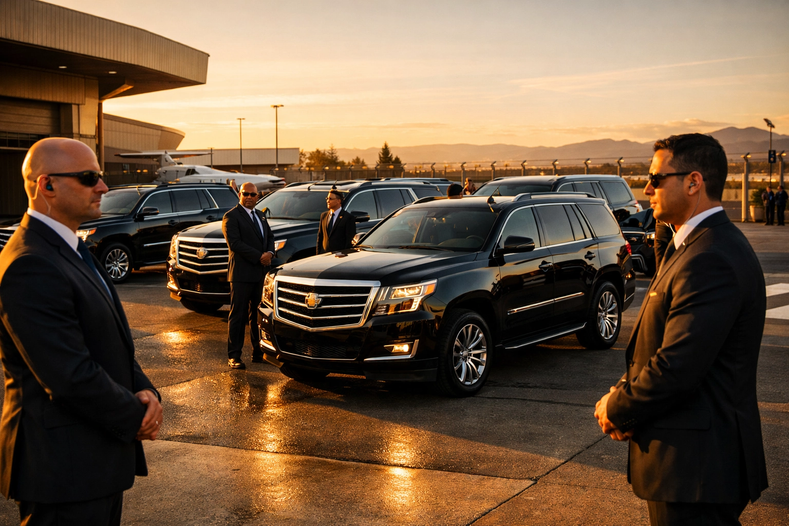 Luxury SUVs and professional security personnel providing VIP protection for Super Bowl corporate leaders.