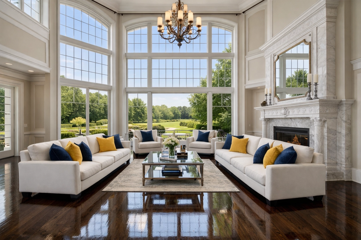 Luxury Southborough estate living room with spotless floors, demonstrating residential cleaning in Massachusetts.