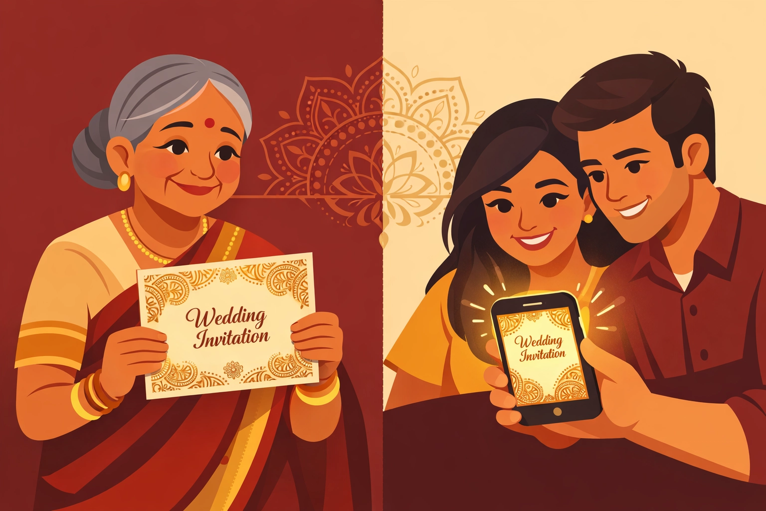 Traditional printed Indian wedding invitation meets digital invitation on smartphone