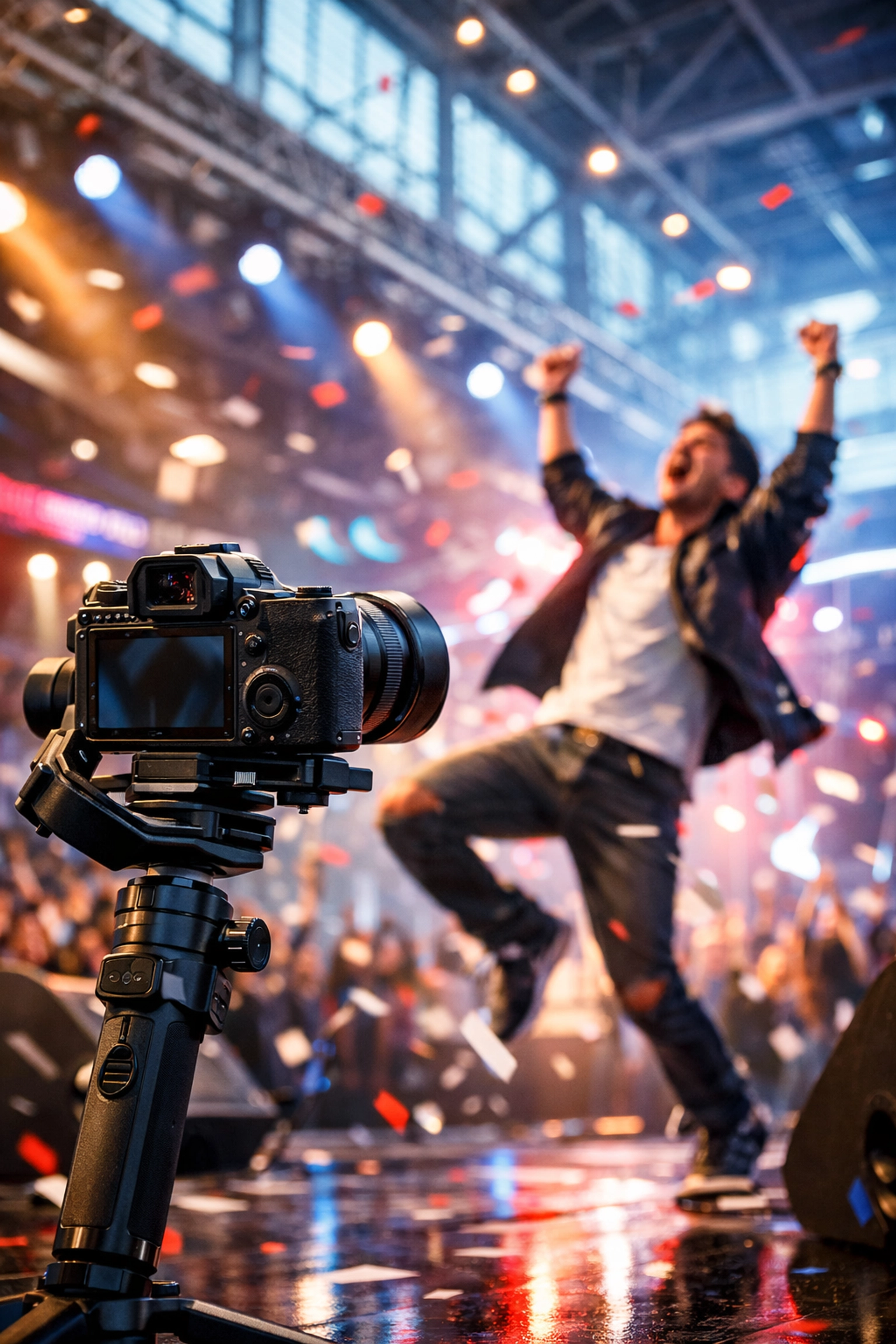 Professional camera capturing a fan's touchdown celebration at a high-tech Super Bowl 2026 activation.