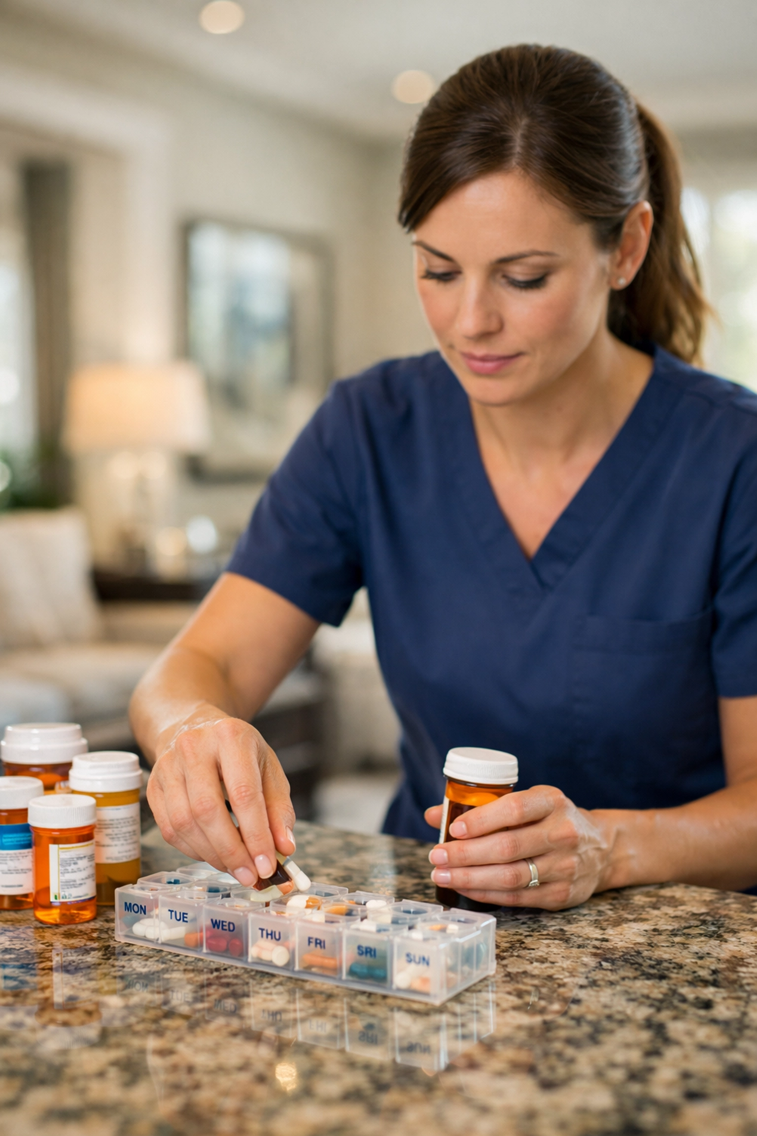 Professional caregiver organizing medications in a North Atlanta home for post-hospital recovery.