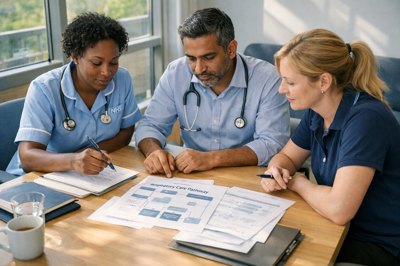 NHS respiratory clinicians collaborating on patient pathways in community health centre