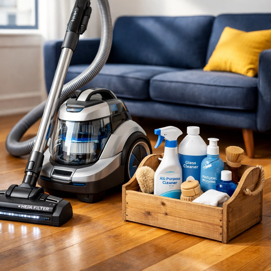 Professional HEPA vacuum and eco-friendly supplies used for expert apartment cleaning Boston services.