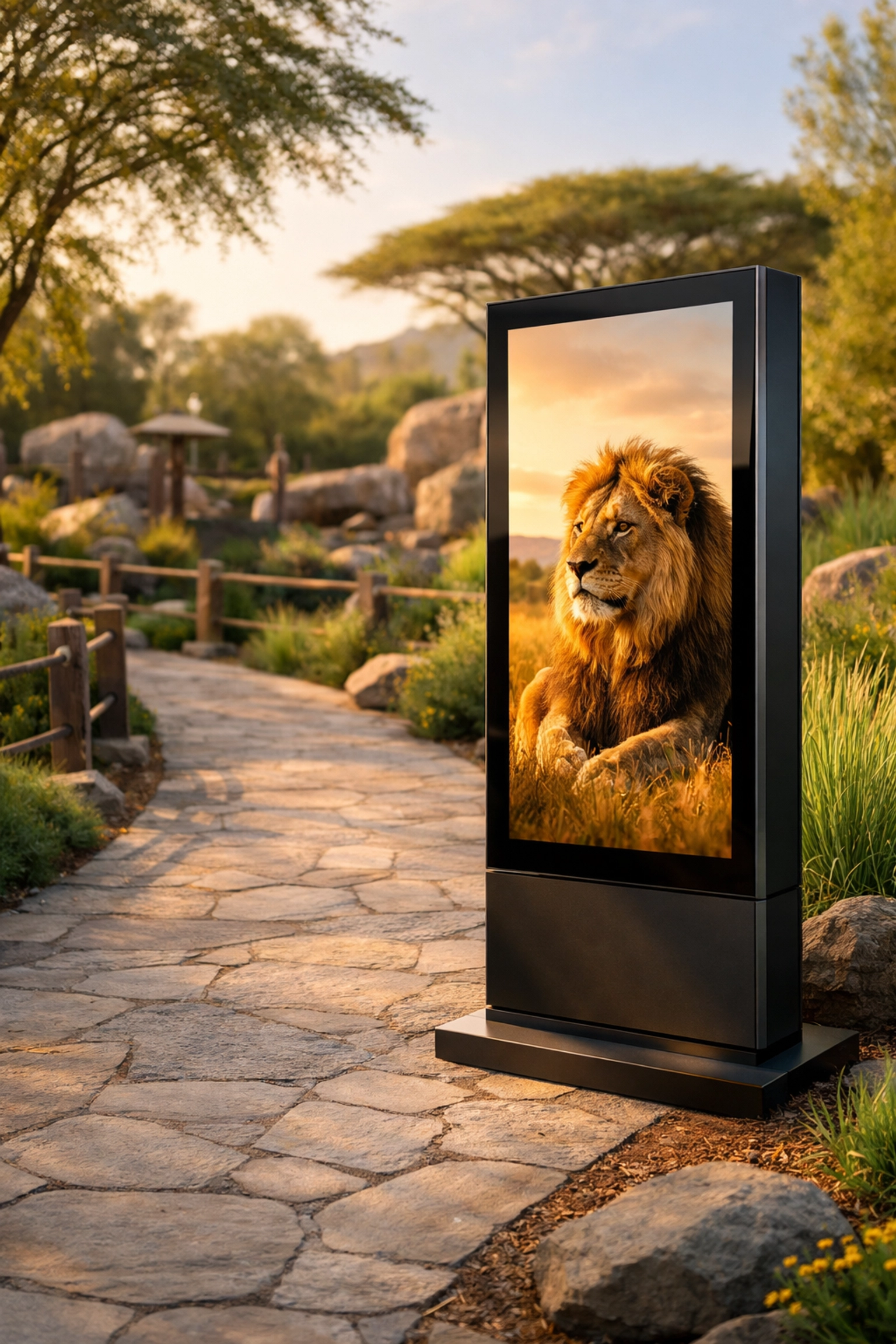 Digital billboard at a zoo exhibit featuring high-impact creative services and wildlife photography for marketing.