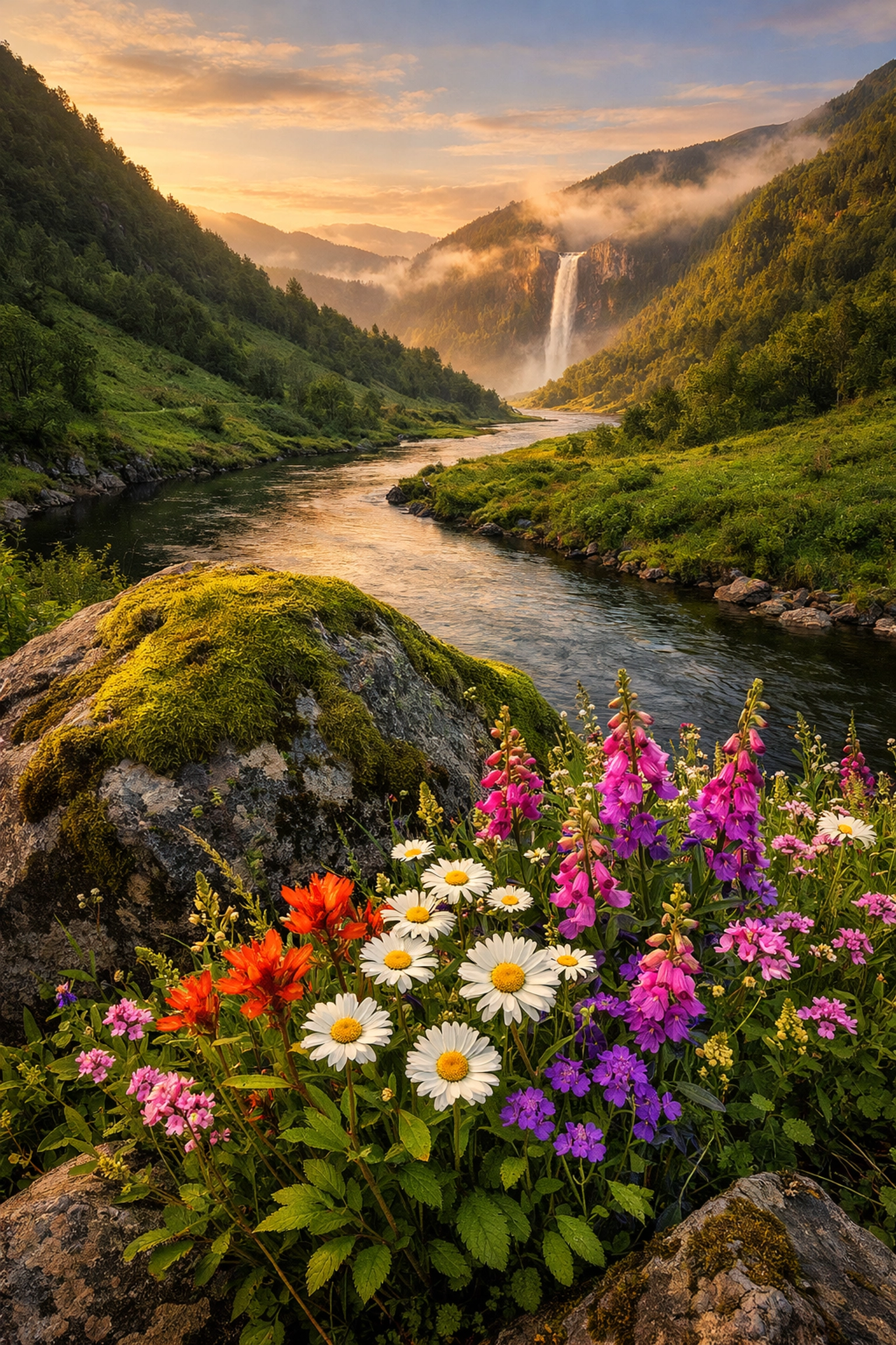 Winding river valley at golden hour with wildflowers in the foreground creating depth in landscape photography.