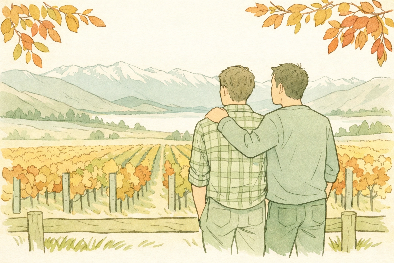 Two men in partnership at New Zealand vineyard edge, autumn MM romance happy ending