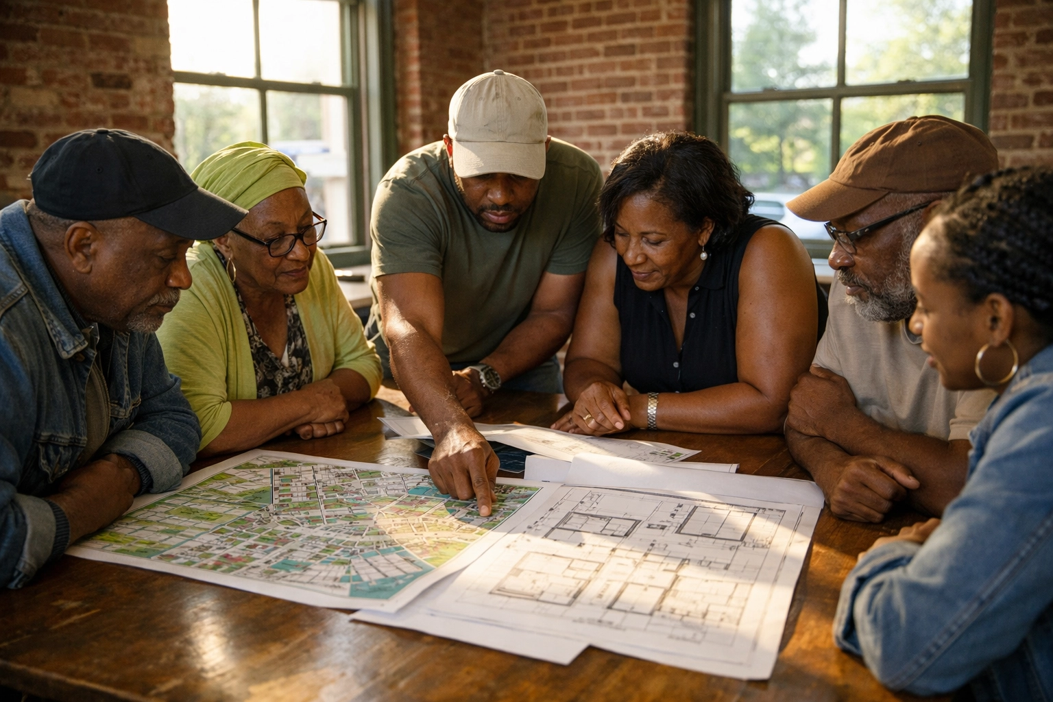 Black community members collaborating on neighborhood plans for community wealth building.