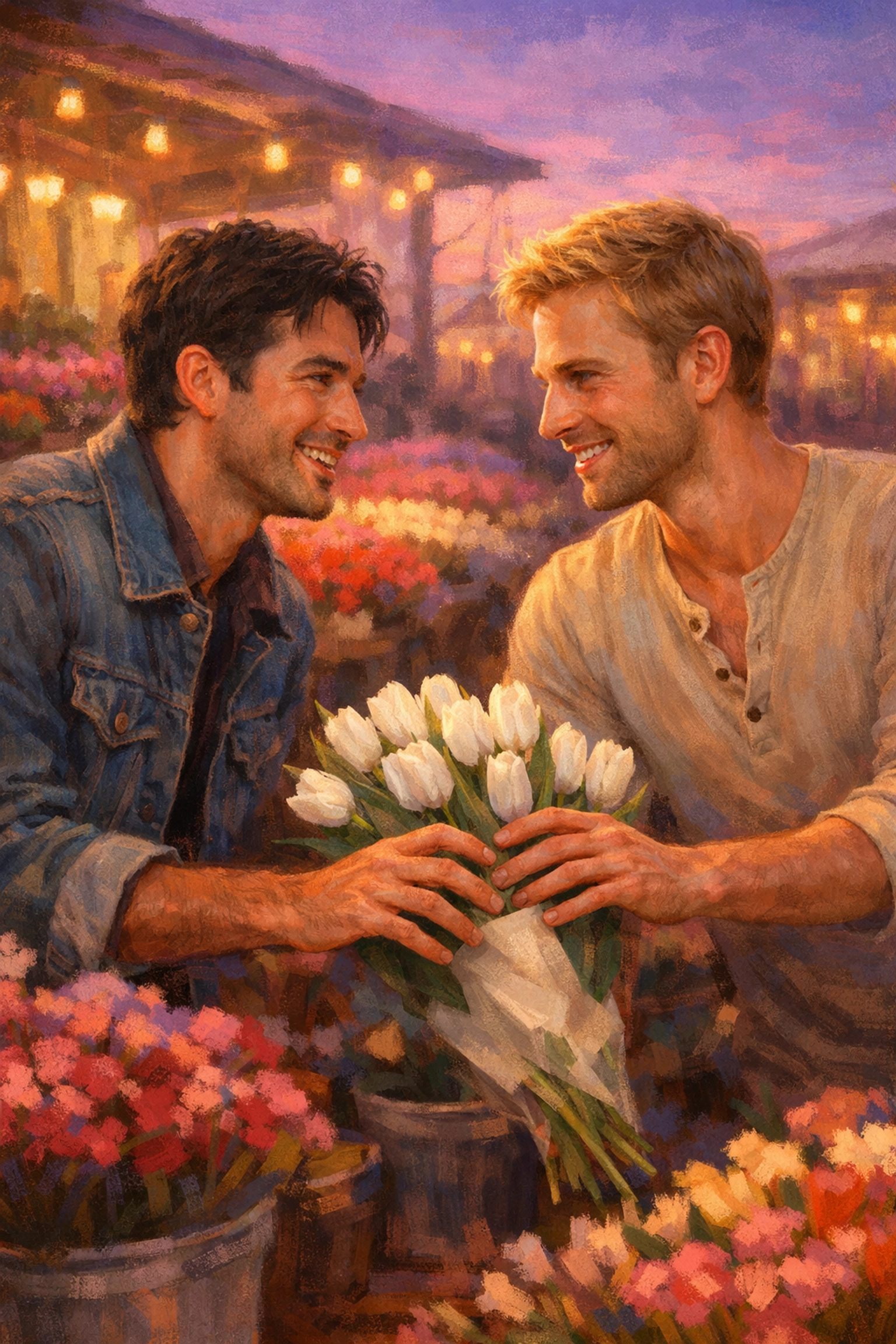 Two gay florists meeting at flower market - MM romance in the floral industry