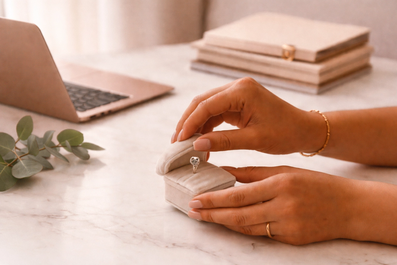 Latina woman organizing engagement ring and wedding documents at a bright, tidy home office desk