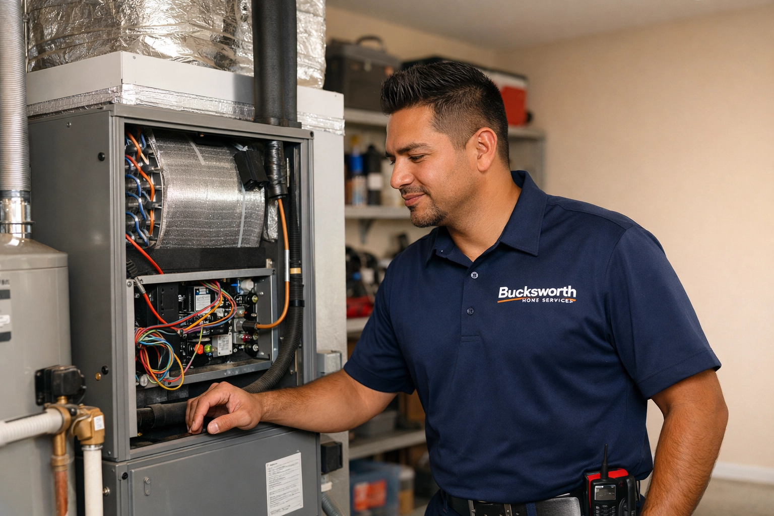 Bucksworth Home Services technician performing a professional HVAC system inspection in a Gilbert, Arizona garage.