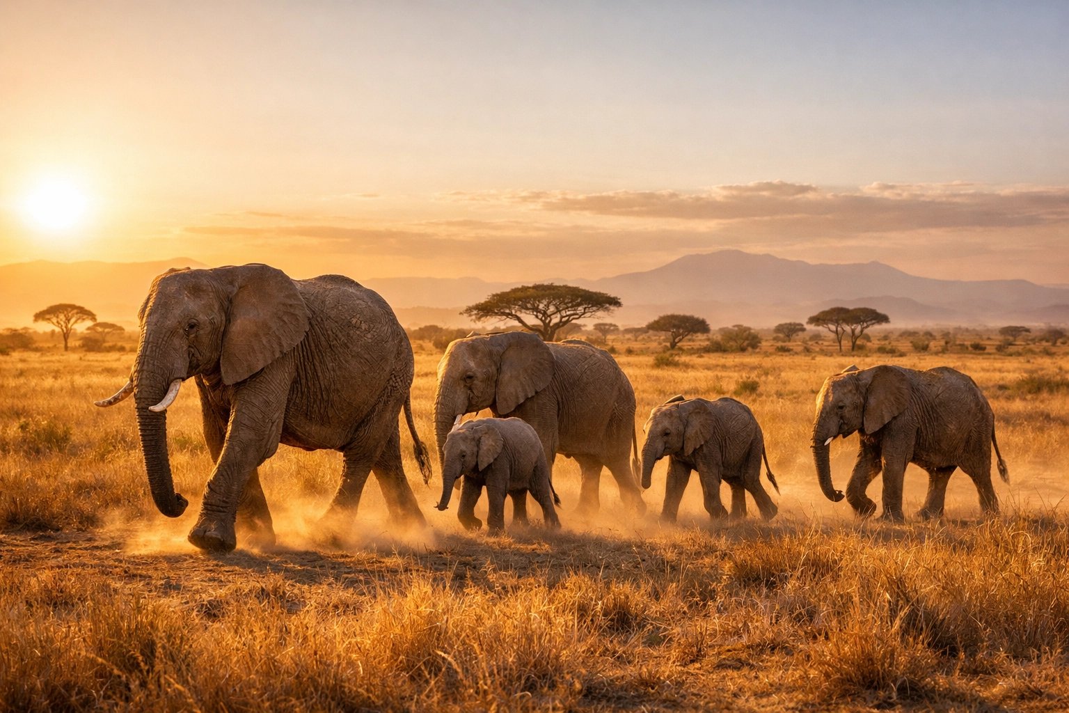 A family of elephants walking across a savanna at sunset, showcasing high-quality visual storytelling.