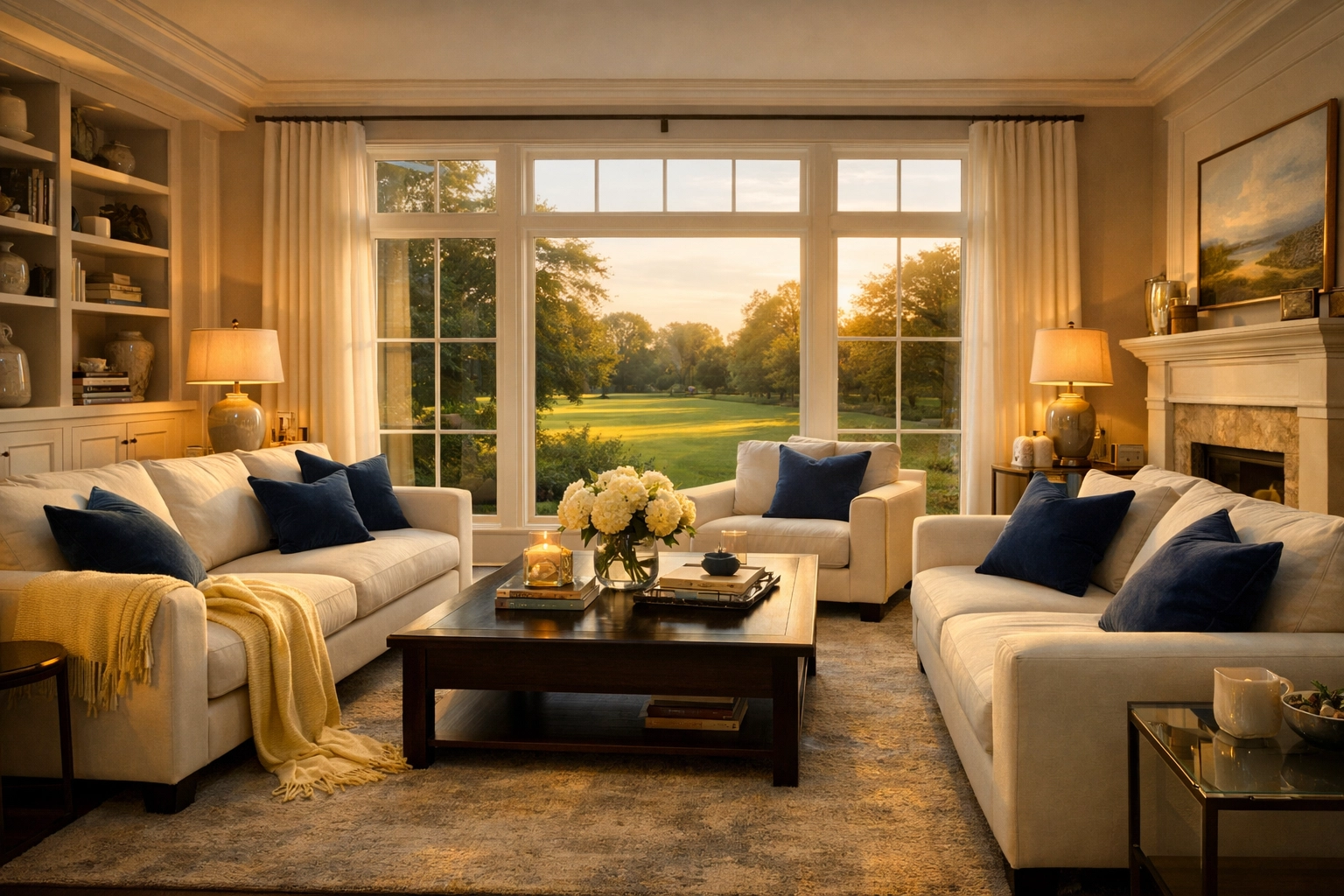A peaceful, clean living room at sunset showing the benefits of professional cleaning in Andover for homeowners.