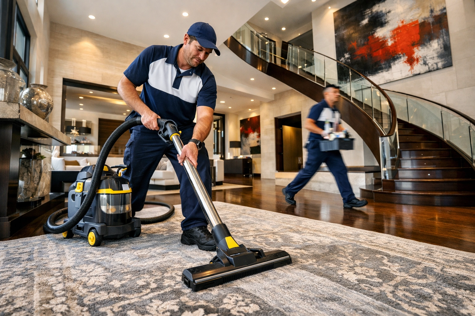 Professional cleaning team performing tactical Winchester estate cleaning with high-efficiency vacuums.