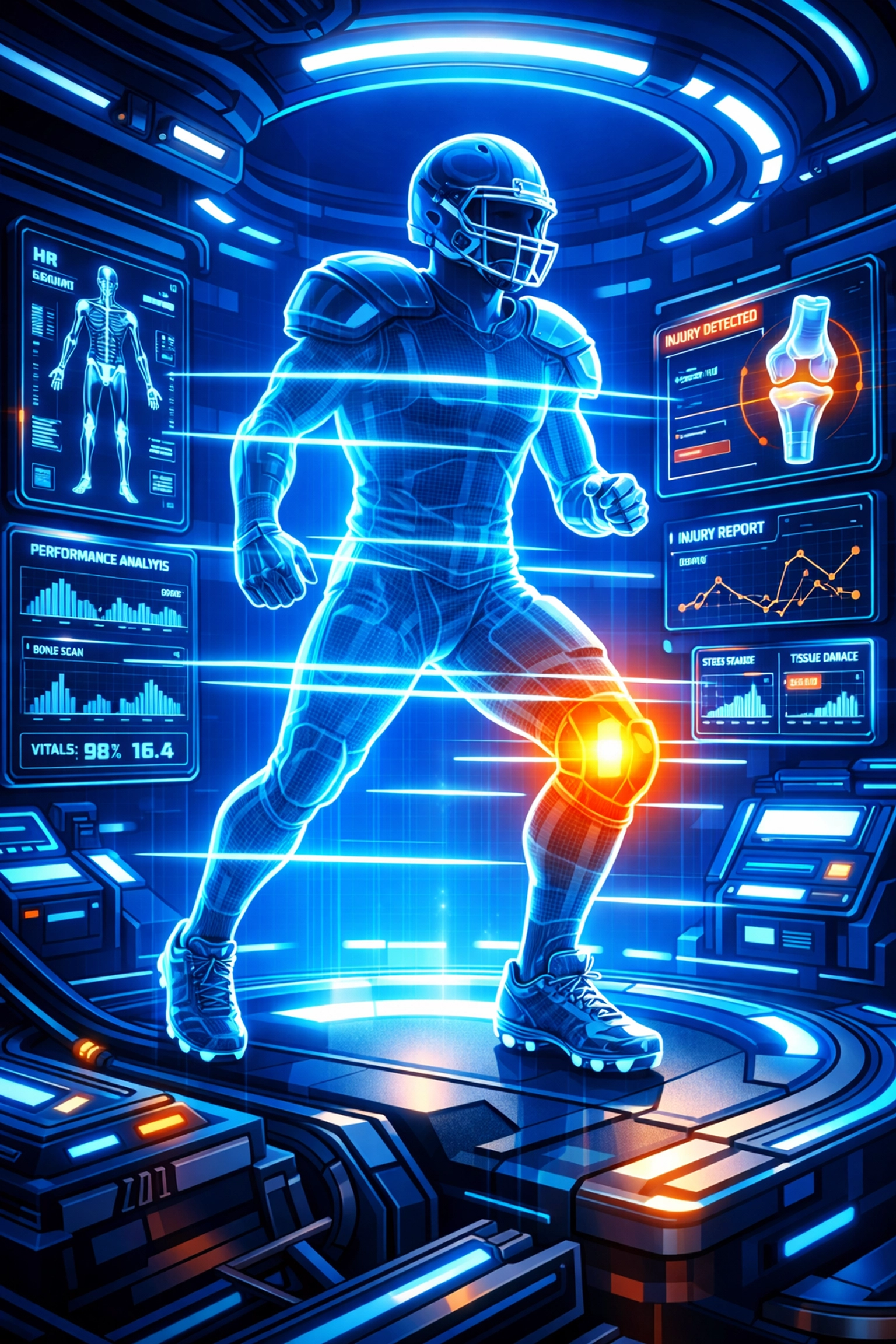 Holographic scan of a football player injury being analyzed for sports investment value.