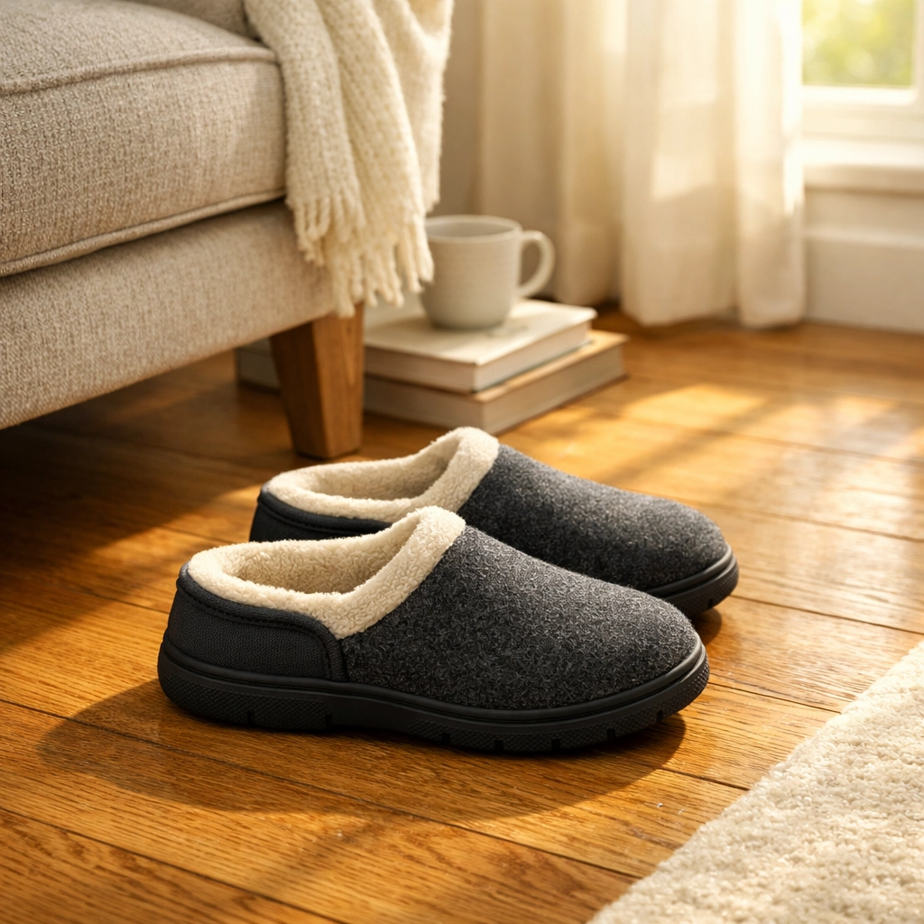 Supportive indoor house shoes with non-slip soles on a wooden floor for home fall prevention.