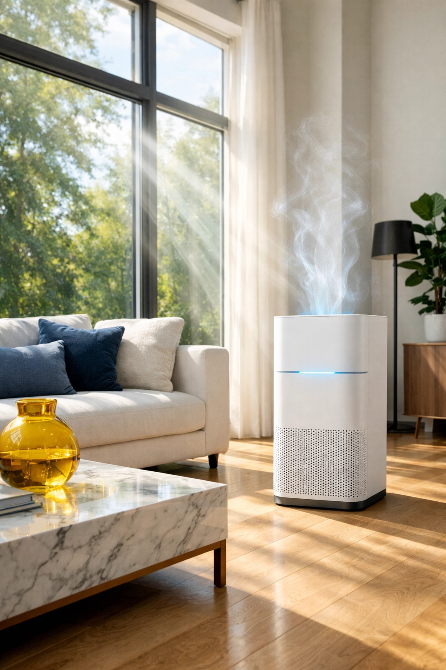 Modern air purifier on wood floors to improve air quality and reduce indoor allergens.