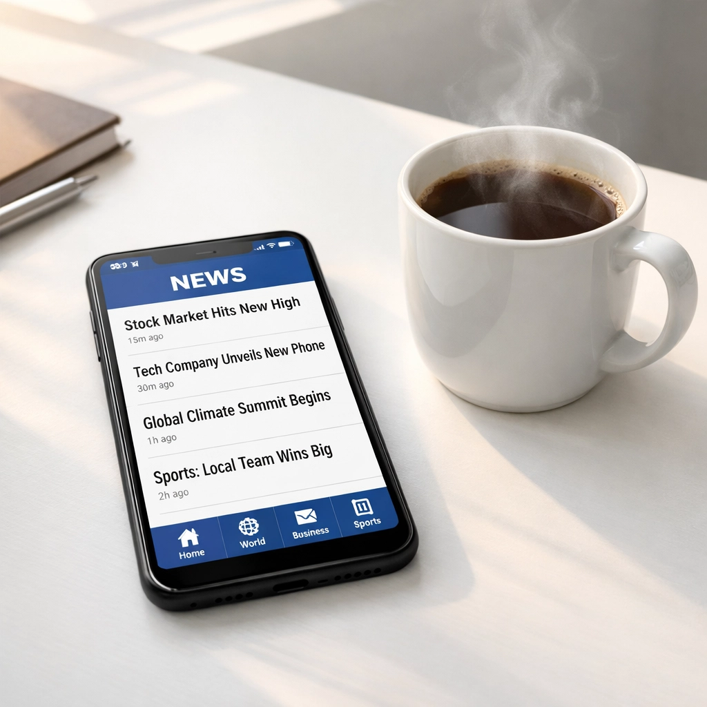 Smartphone displaying news app next to coffee cup on desk for quick morning news reading