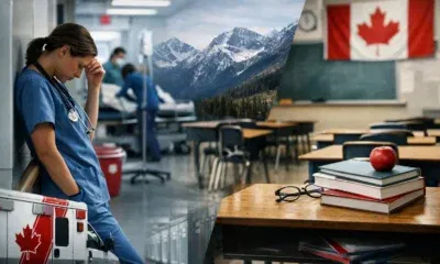 A collage of healthcare, education, and Canadian scenery representing national identity