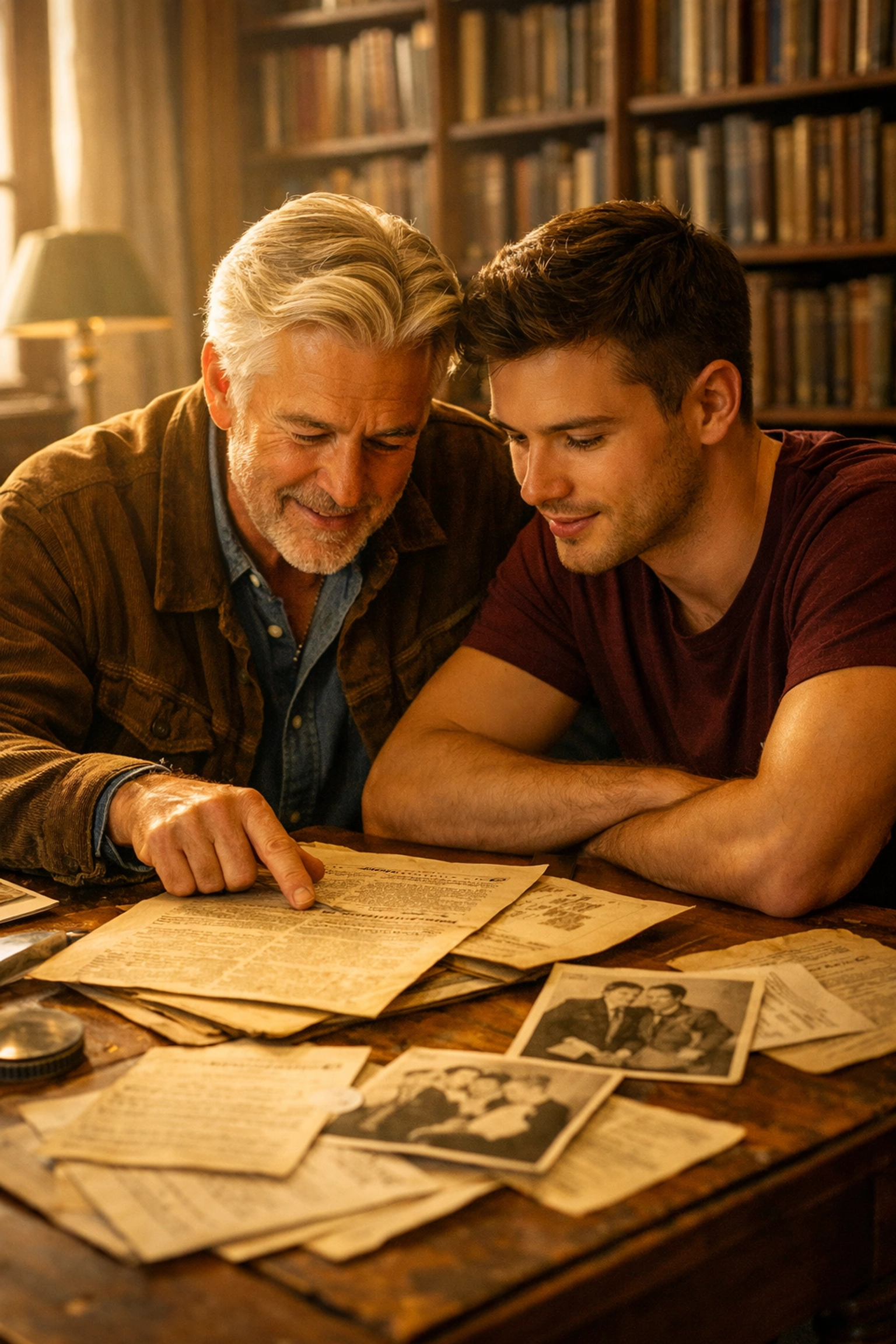 Older and younger gay men studying historical records in a library to discover the roots of LGBTQ+ history.