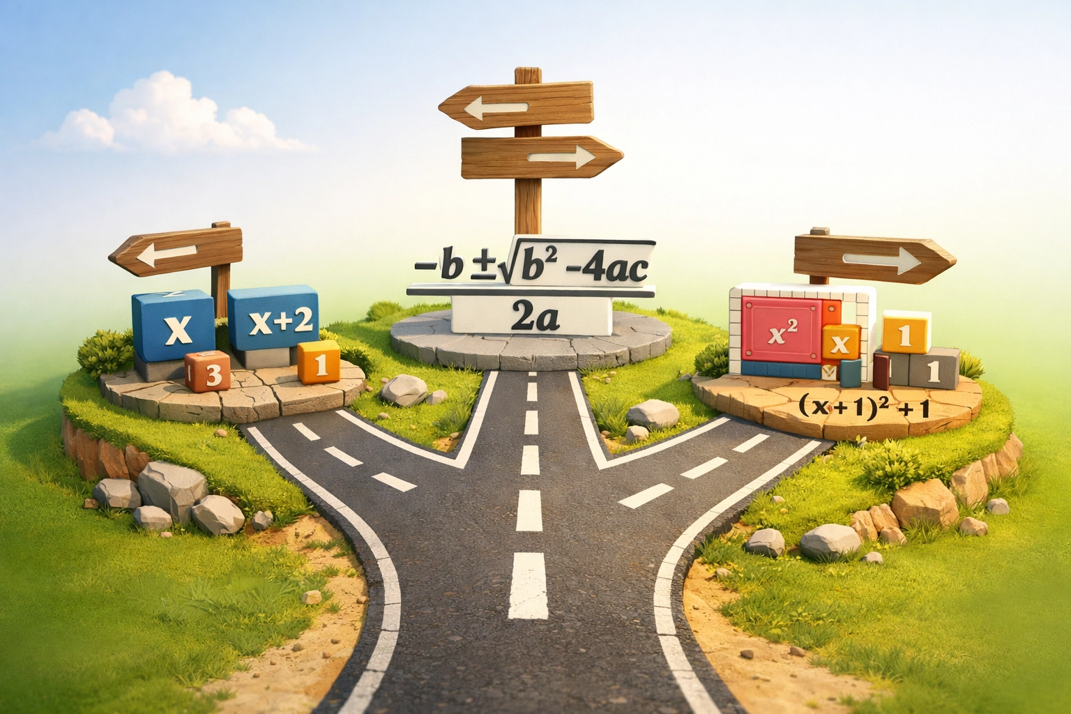 Decision tree showing three methods for solving quadratic equations: factoring, formula, and completing the square