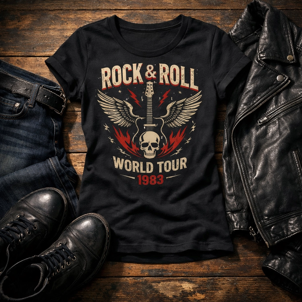 Fitted band tee flat lay with leather jacket, jeans, and boots for classic rock style